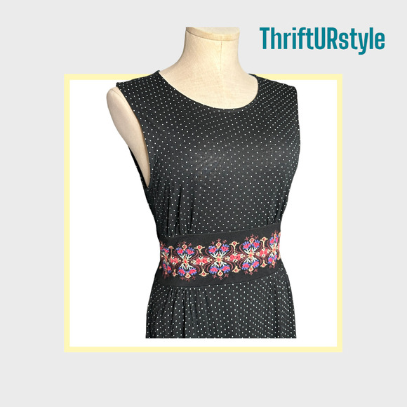 FREE PEOPLE Black Polka Dot Dress with Embroidered Sleeveless Small - Picture 6 of 11